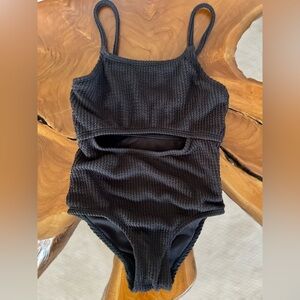 Wonder Nation Kids Black Ribbed One Piece kids Swimsuit with cutout center